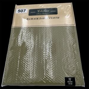 SAGE GREEN Chevron Pattern Chelsea Collection OBLONG Damask Tablecloth 70” Round